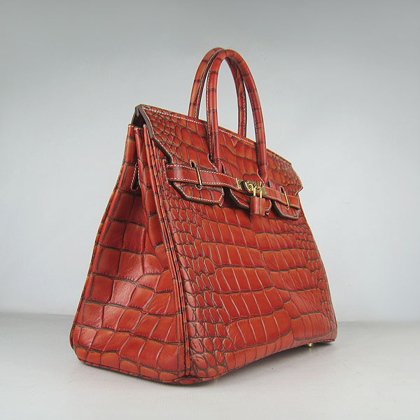 High Quality Fake Hermes Birkin 35CM Crocodile Veins Leather Bag Dark Orange 6089